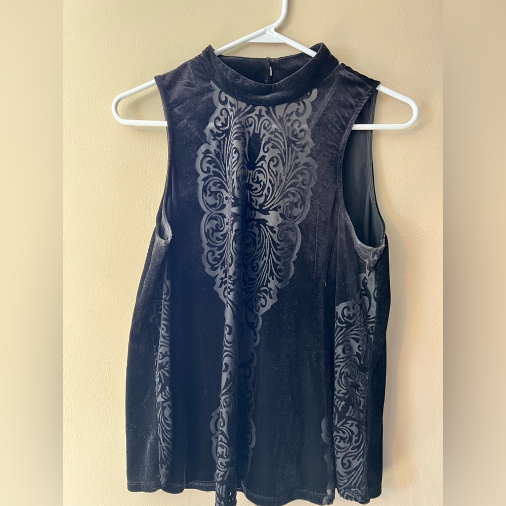 Gypsies & Moondust sleeveless velvet top high neck, open v back and semi-sheer